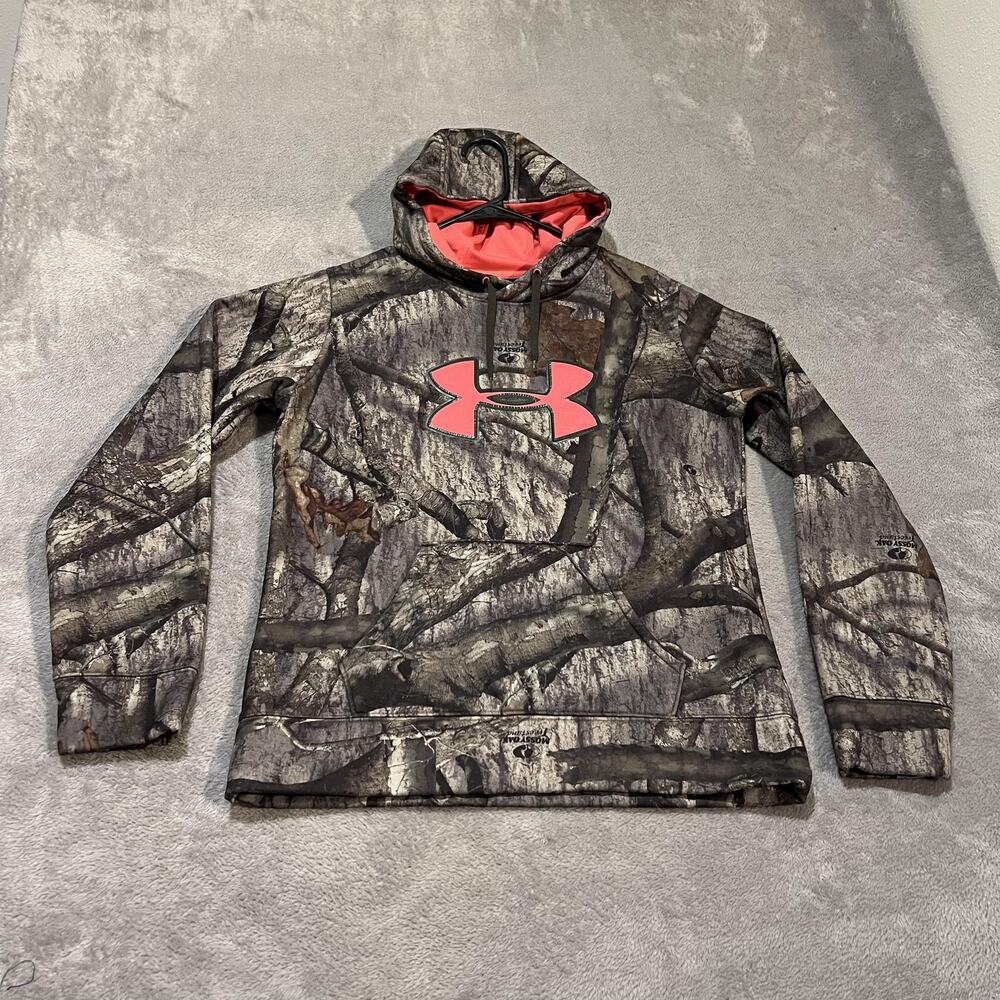 Under Armour Hoodie Womens Medium Brown Camo Mossy Oak Pink Logo Fleece Pullover